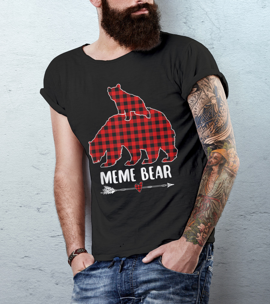 Meme Bear Red Plaid Buffalo Check Silhouette With Arrow And Heart T-Shirt
