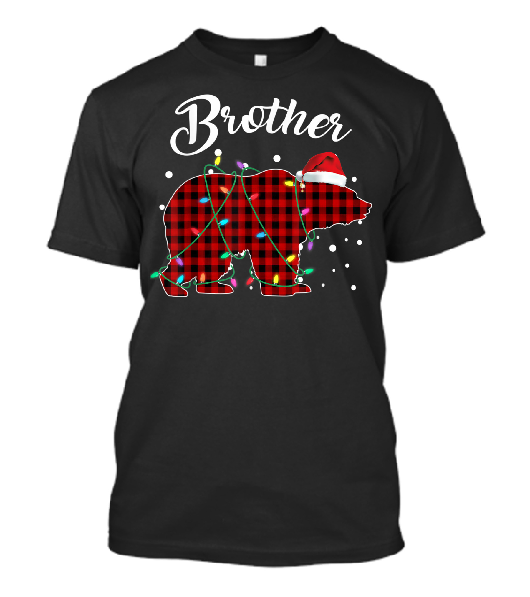 Brother Red Plaid Bear Christmas Lights Santa Hat Buffalo Matching T-Shirt