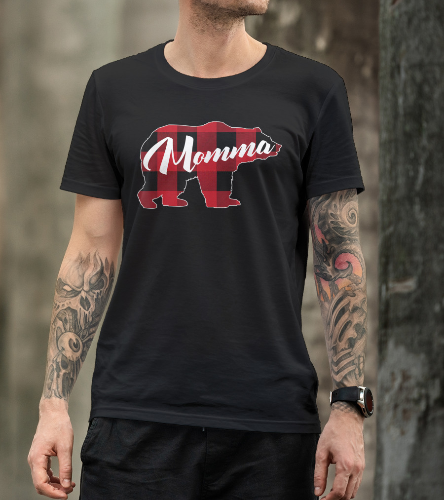 Red Plaid Buffalo Bear Momma Fun T-Shirt