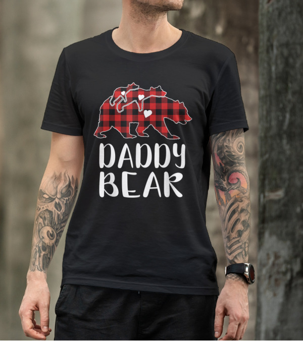 Daddy Bear Red Plaid Buffalo Check Hearts T-Shirt