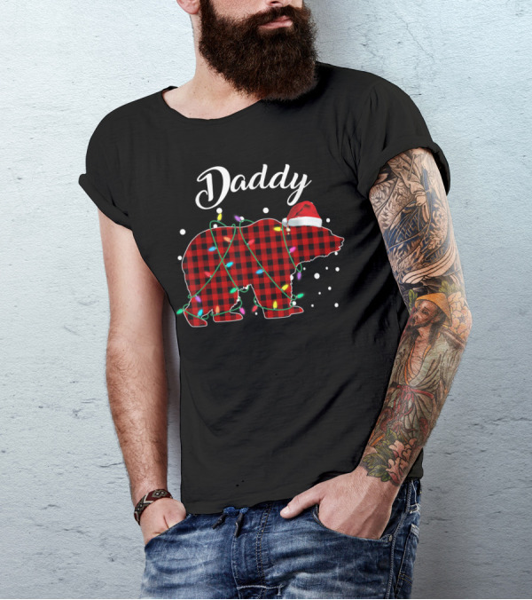 Daddy Bear Red Plaid Buffalo Santa Hat Christmas Lights T-Shirt