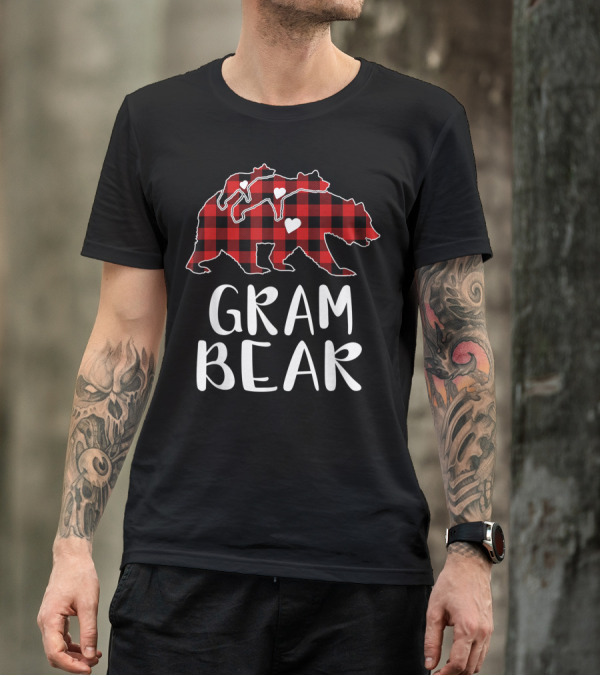 Gram Bear Red Plaid Buffalo Check Hearts T-Shirt