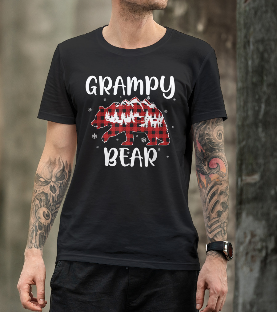 Grampy Bear Red Plaid Family Buffalo Check Snowflakes T-Shirt
