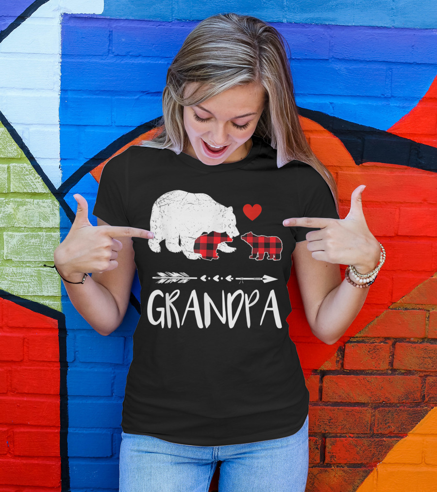 Grandpa Bear Red Plaid Two Cubs Heart Arrow Buffalo Matching T-Shirt