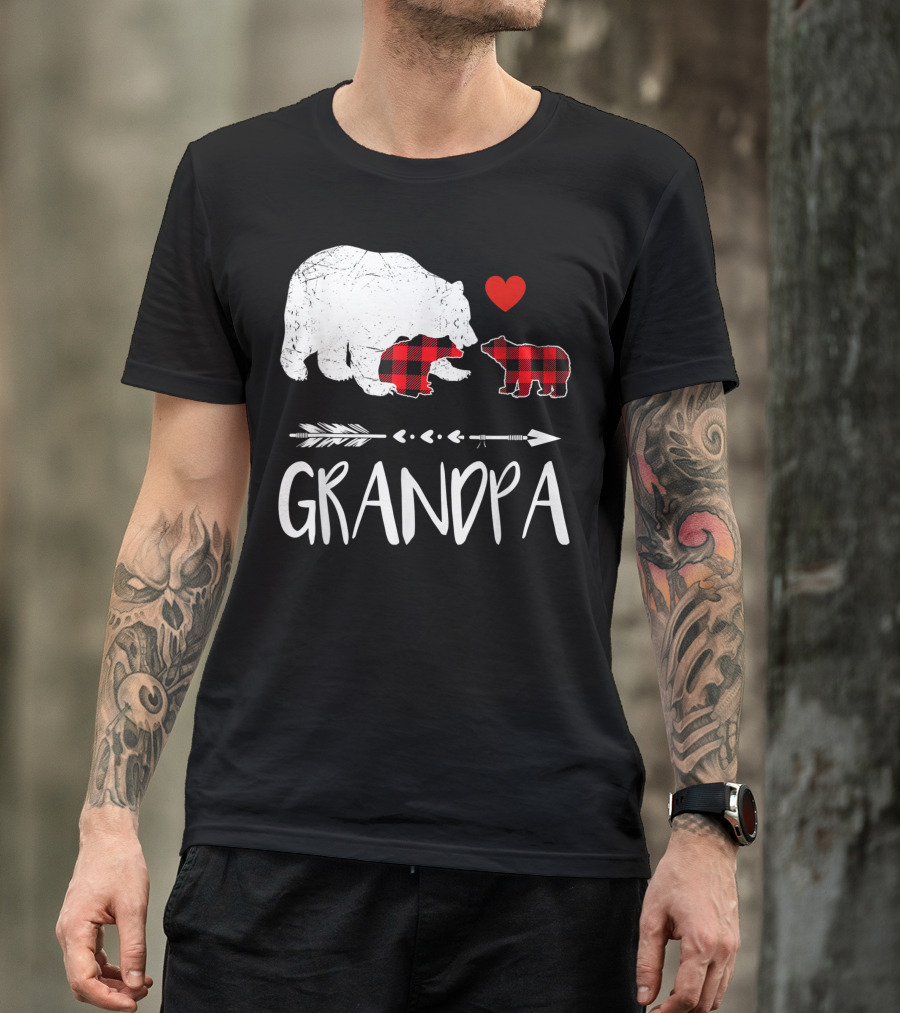 Grandpa Bear Red Plaid Two Cubs Heart Arrow Buffalo Matching T-Shirt