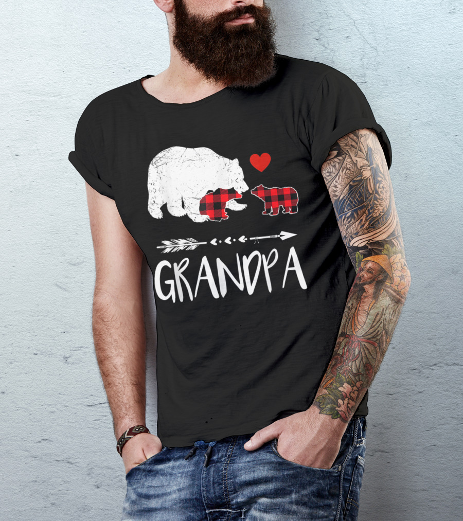 Grandpa Bear Red Plaid Two Cubs Heart Arrow Buffalo Matching T-Shirt