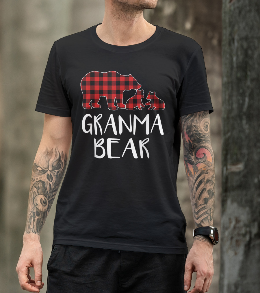 Granma Bear Red Plaid Two Cubs Buffalo Check Matching T-Shirt