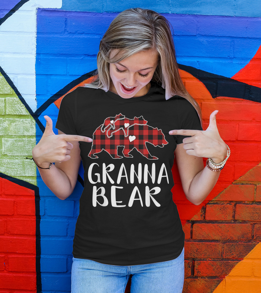 Granna Bear Red Plaid Buffalo Bear Family Hearts T-Shirt