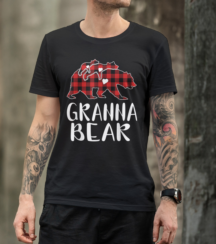 Granna Bear Red Plaid Buffalo Bear Family Hearts T-Shirt