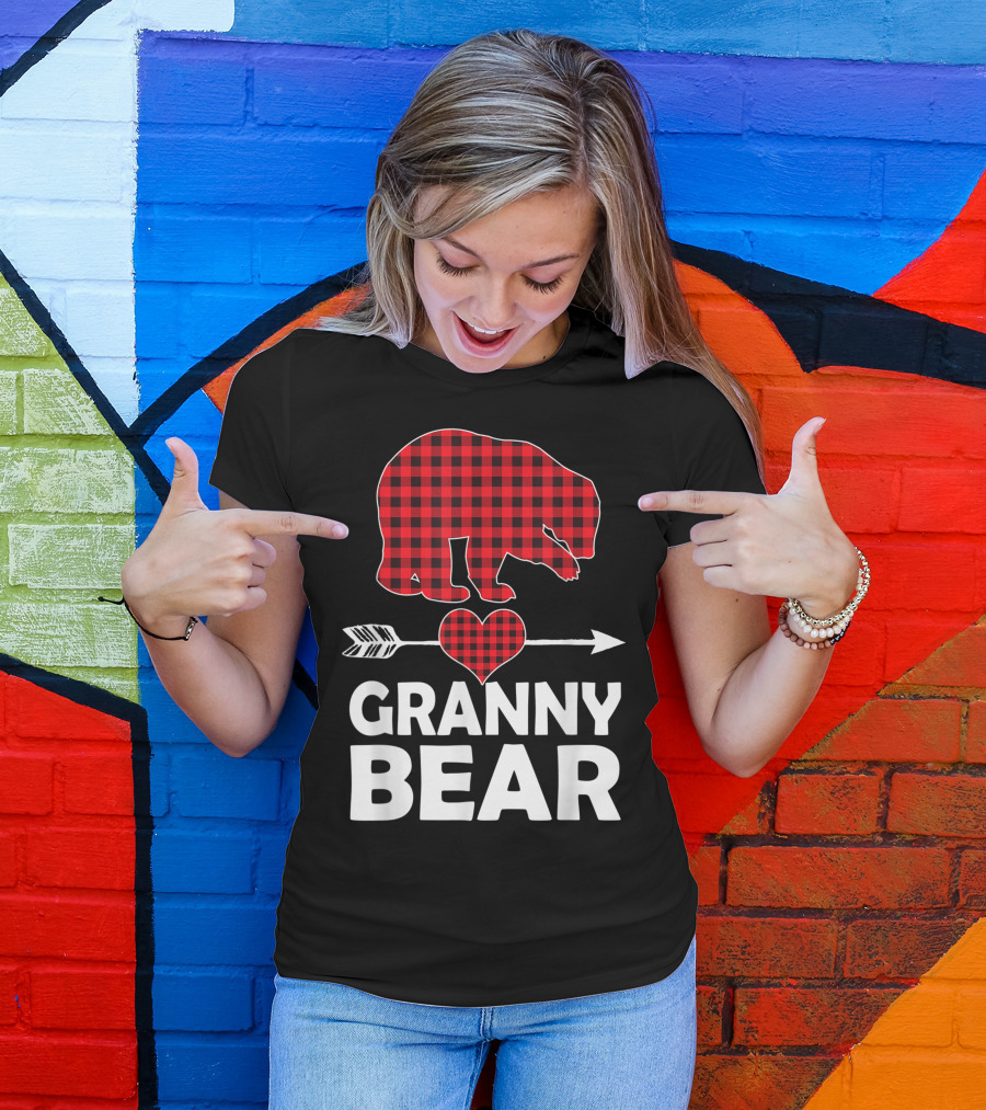 Granny Bear Red Plaid Buffalo Heart Arrow T-Shirt