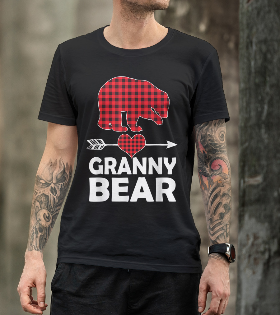 Granny Bear Red Plaid Buffalo Heart Arrow T-Shirt