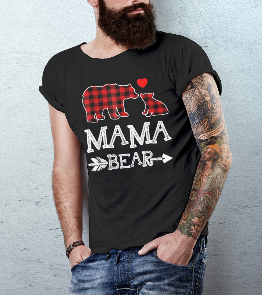 Mama Bear Red Plaid With Heart And Arrow Christmas T-Shirt