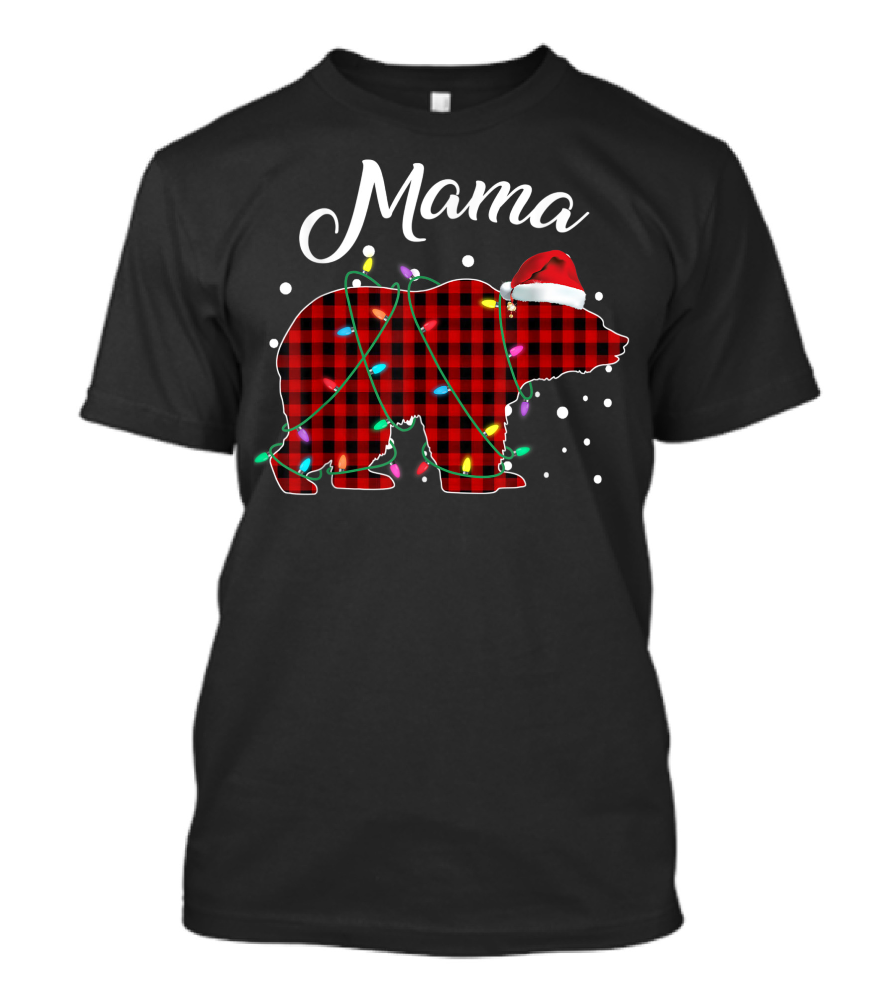 Mama Bear Buffalo Plaid Christmas Lights Santa Hat T-Shirt