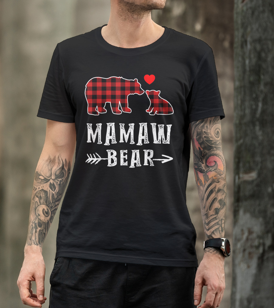 Mamaw Bear Red Plaid Buffalo Heart One Cub Matching T-Shirt