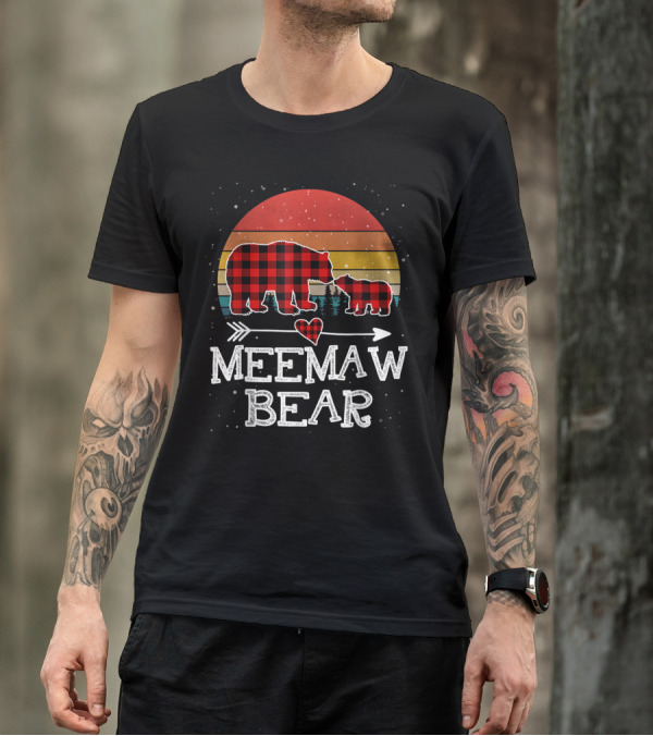 Matching Red Plaid Meemaw Bear And Cub Buffalo Retro Sunset T-Shirt
