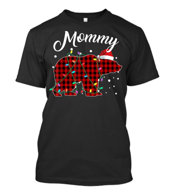 Mommy Bear Christmas Lights Red Plaid Buffalo Santa Hat T-Shirt