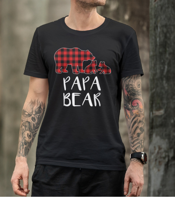 Papa Bear Red Plaid Buffalo Two Cubs Matching T-Shirt