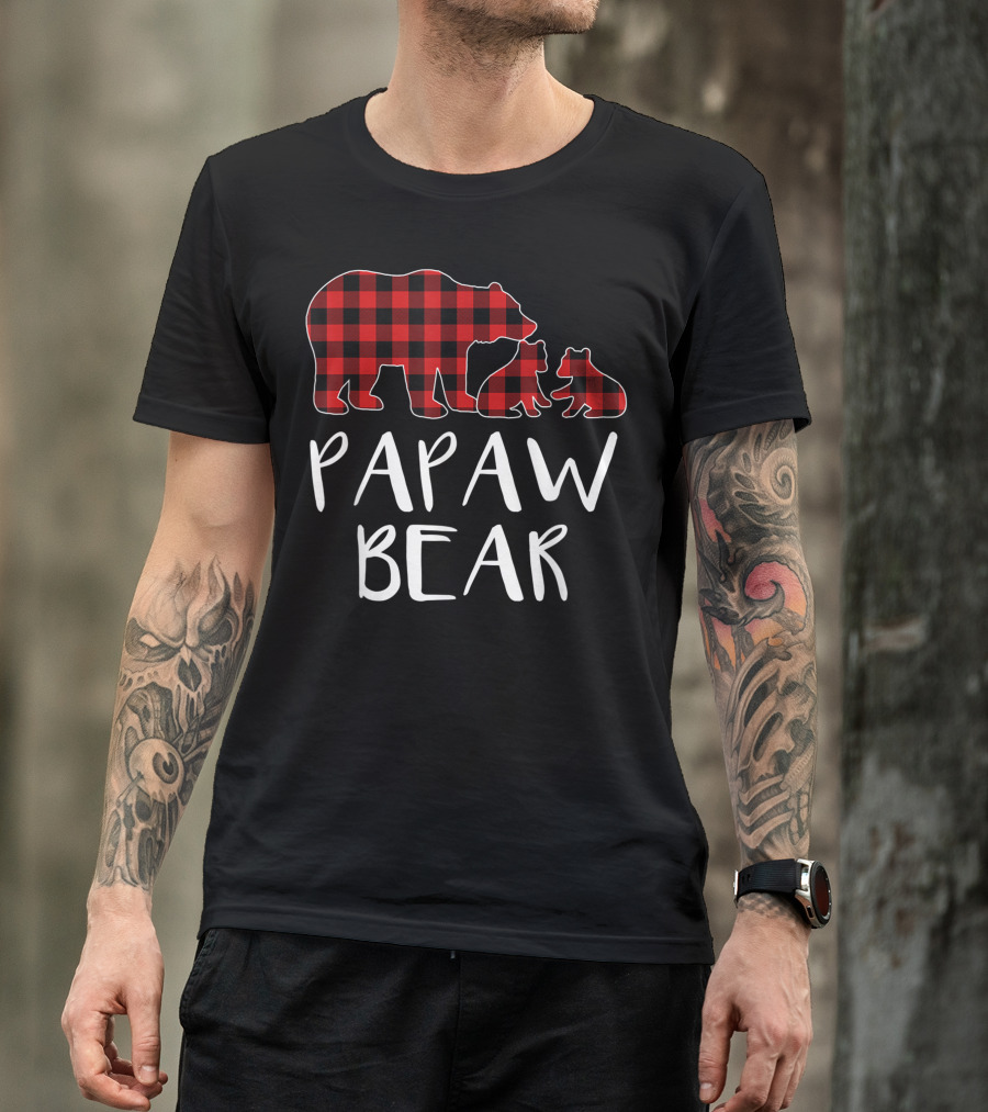 Red Plaid Papaw Bear With Two Cubs Matching Buffalo T-Shirt