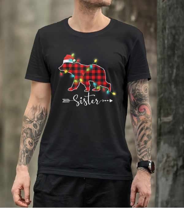 Red Plaid Sister Bear Christmas Lights Family Buffalo T-Shirt