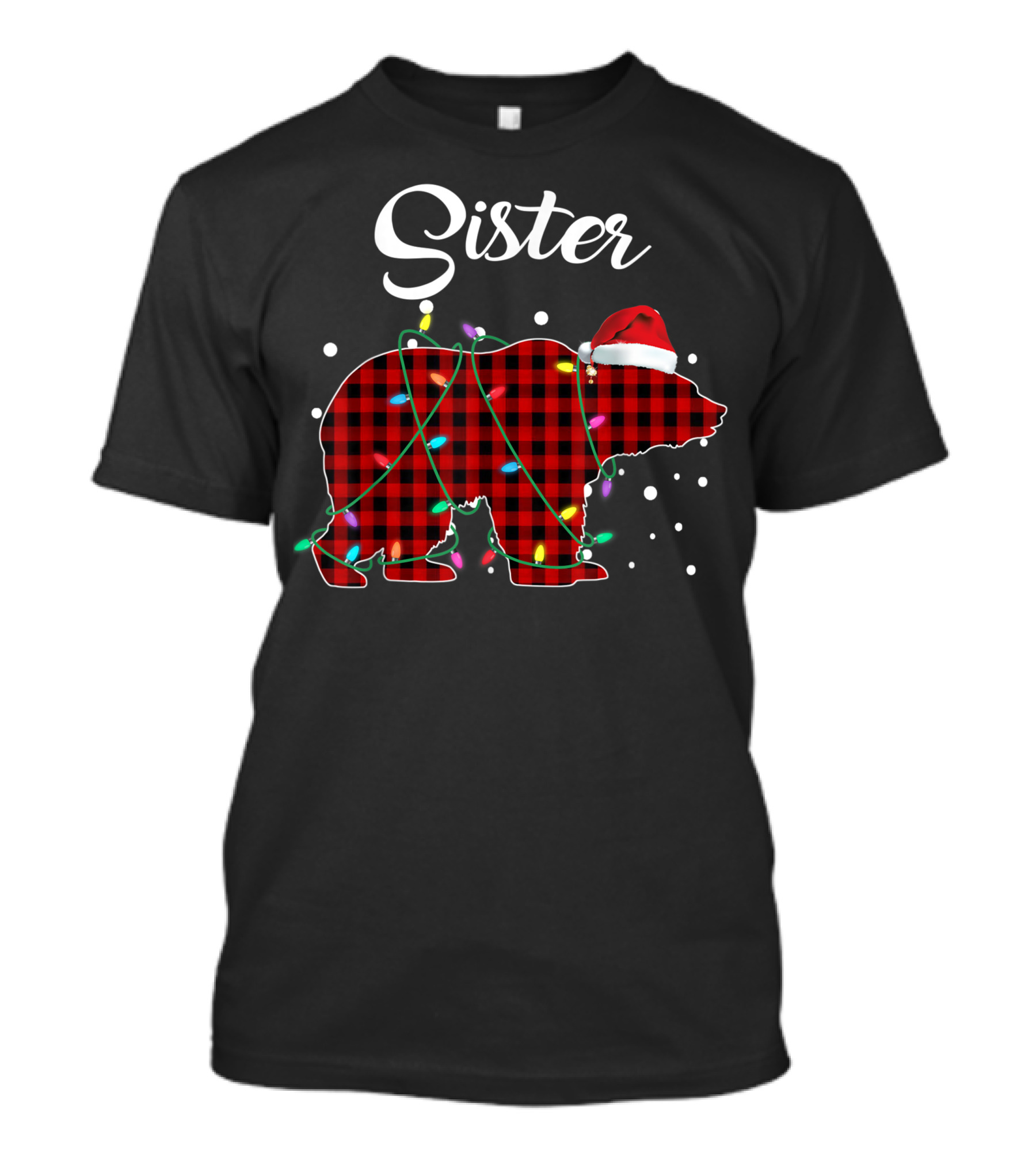 Sister Bear Red Plaid Christmas Buffalo Lights Santa Hat T-Shirt