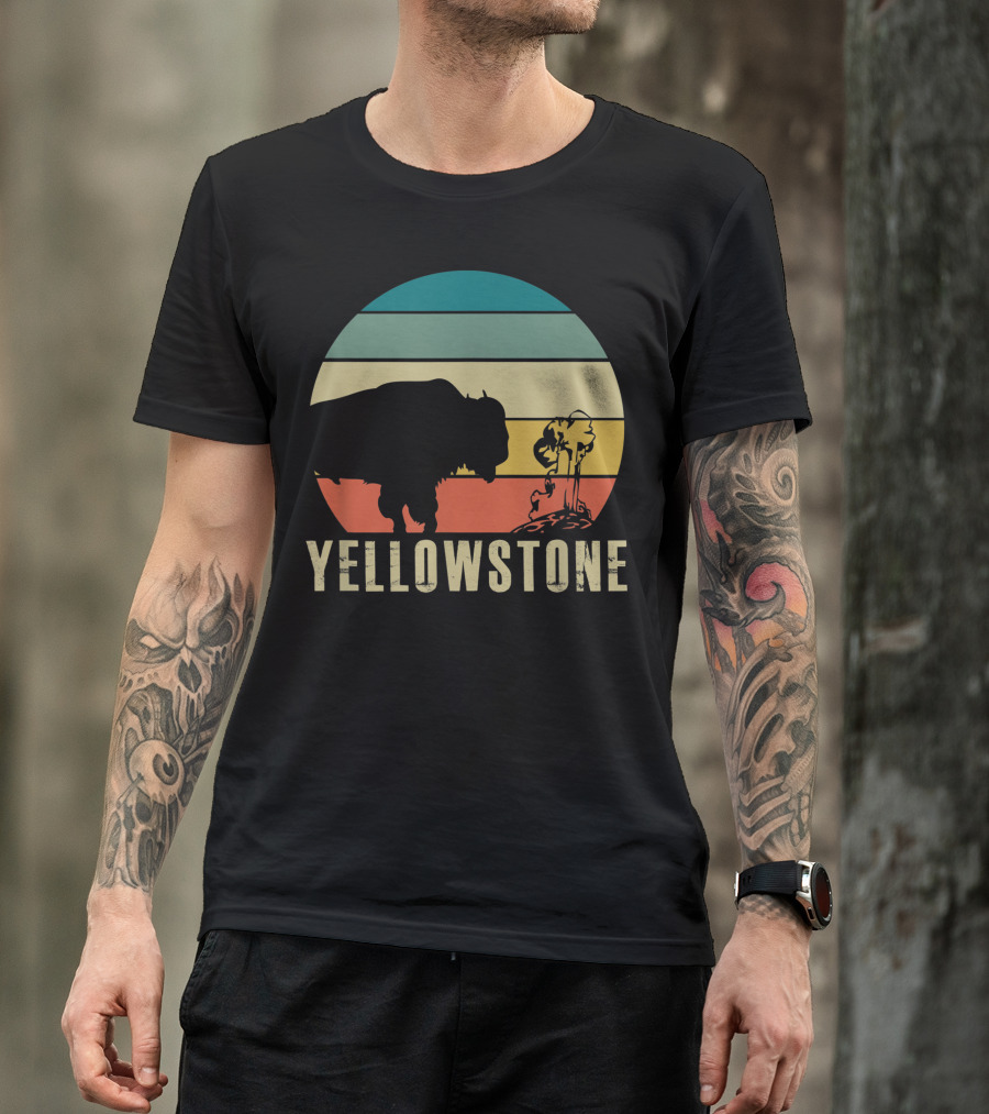 Yellowstone National Park Retro Buffalo And Geyser Vintage Stripes T-Shirt