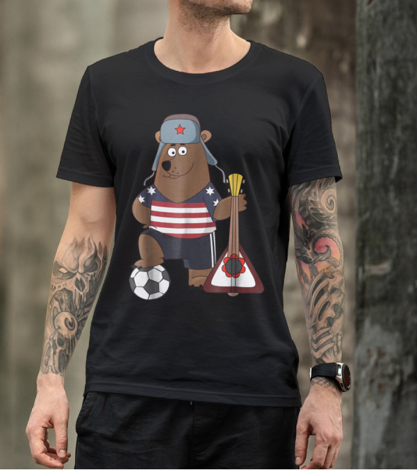 Russian Soccer Bear USA Football Fans Balalaika And Ushanka T-Shirt