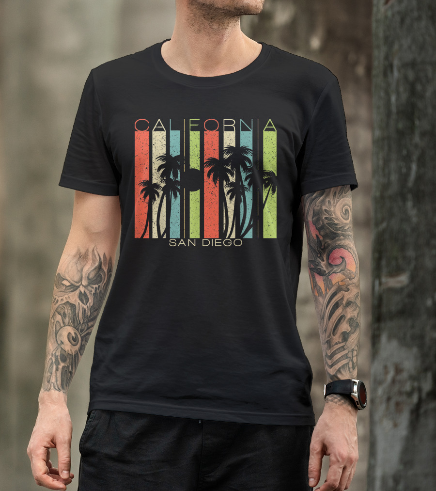 California San Diego Retro Palm Tree Stripes T-Shirt