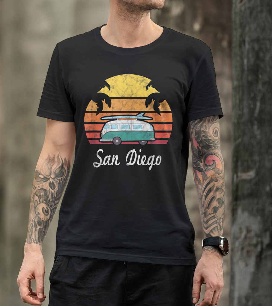 San Diego California Retro Sunset Surf Van Palm Trees T-Shirt