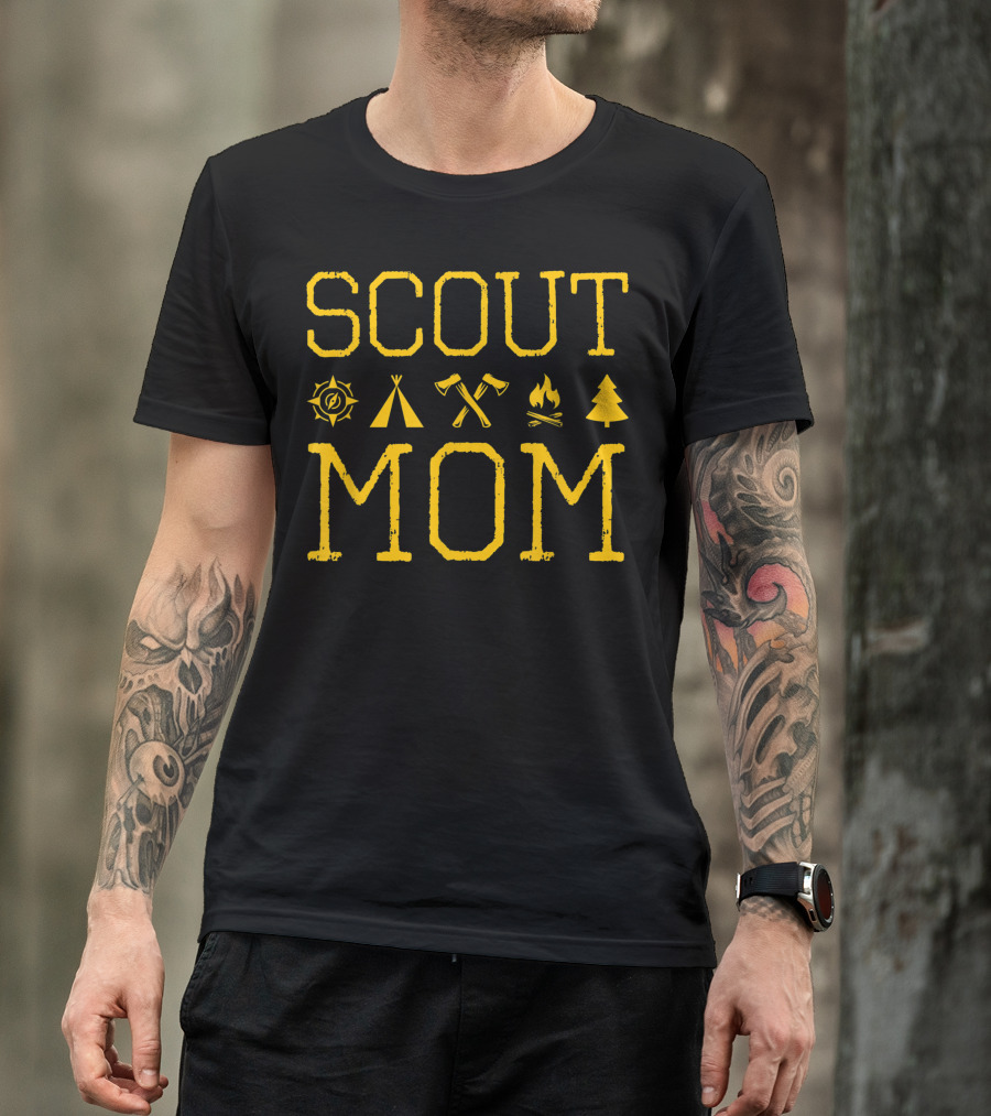 Scout Mom Campfire Axes Tent Pine Tree Badge Adventure T-Shirt