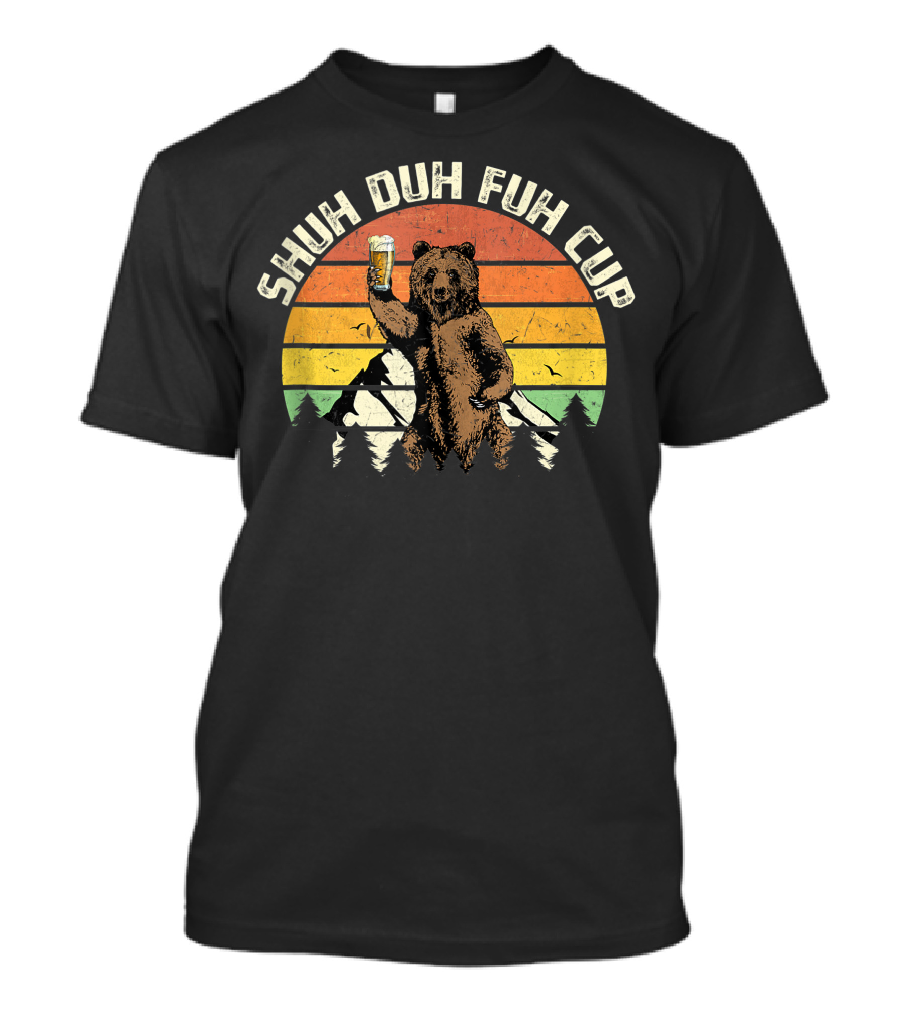 Shuh Duh Fuh Cup Bear Drinking Beer Vintage Camping Sunset T-Shirt