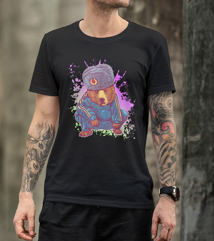 Siberian Bear In Tracksuit Performing Iconic Russian Squat With Ushanka Hat T-Shirt