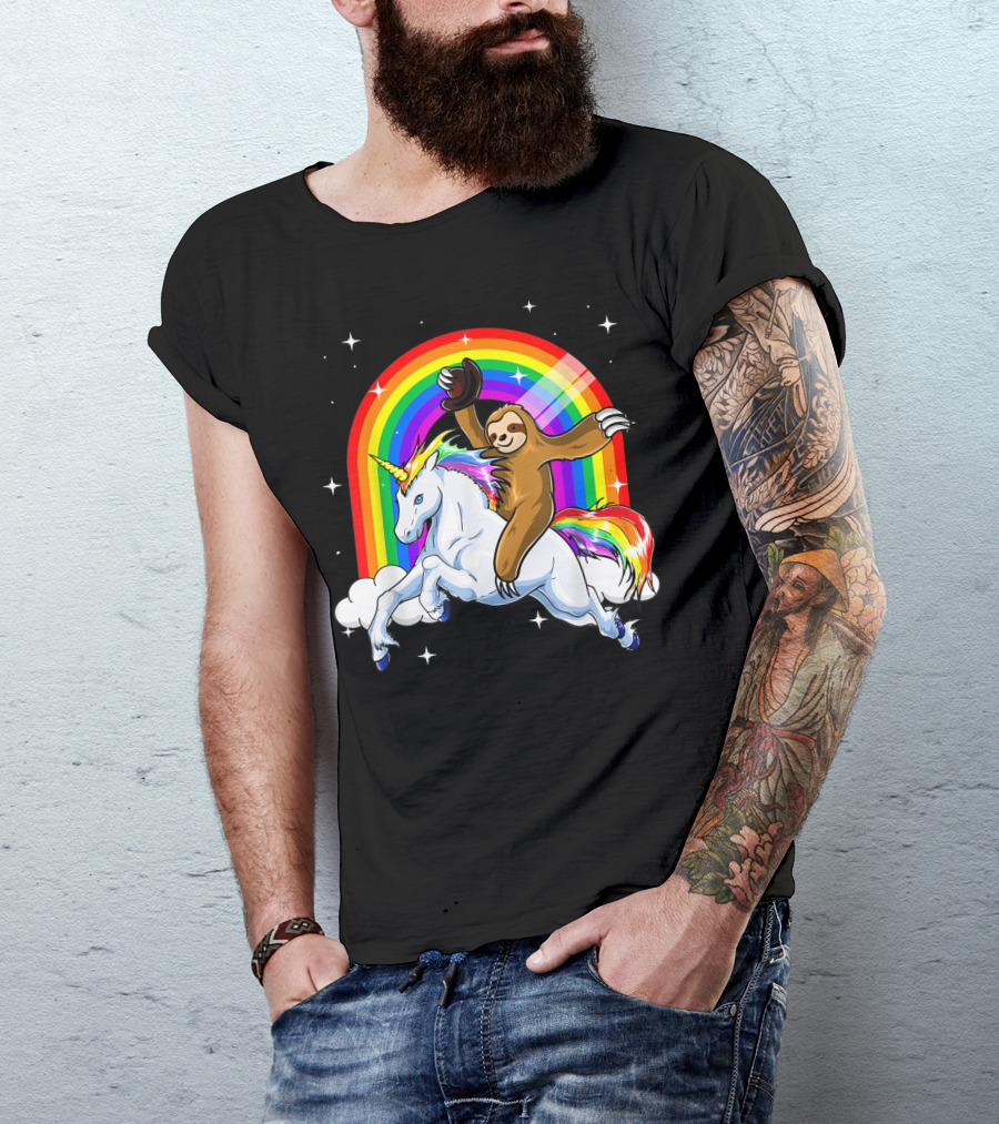 Slothicorn Riding Unicorn Rainbow Fantasy T-Shirt