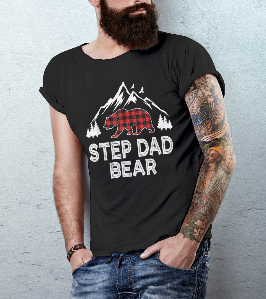 Step Dad Bear Red Plaid Buffalo Family Christmas T-Shirt