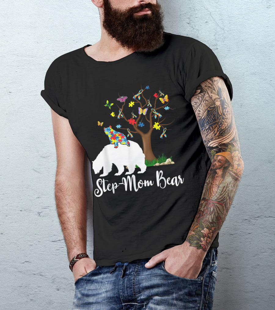 Step Mom Bear Autism Awareness Love Support Puzzle Tree And Butterflies T-Shirt