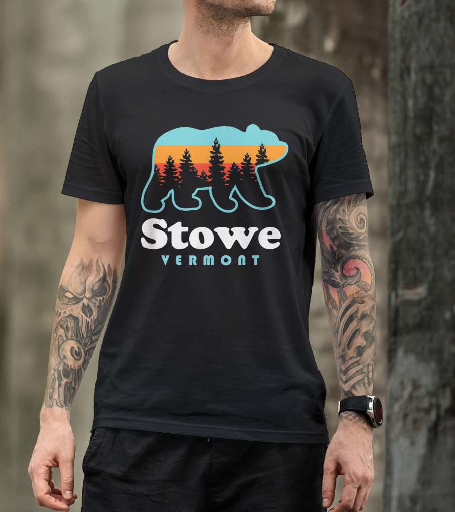 Stowe Vermont Bear Silhouette With Colorful Tree Background T-Shirt