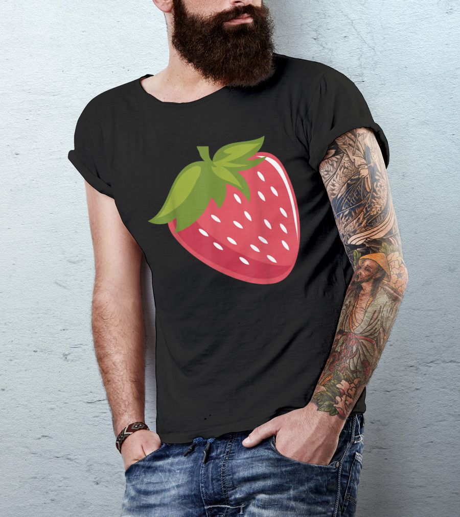 Strawberry Fruit Icon Vibrant Red Seeded Berry With Green Leaves T-Shirt