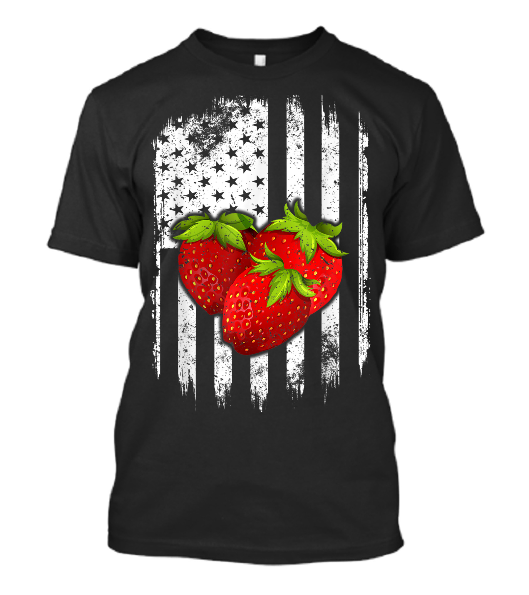 Strawberry Trio With Distressed American Flag Background T-Shirt