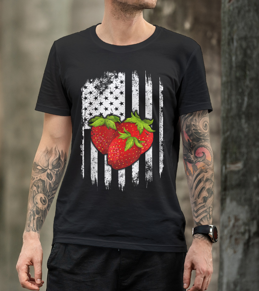 Strawberry Trio With Distressed American Flag Background T-Shirt