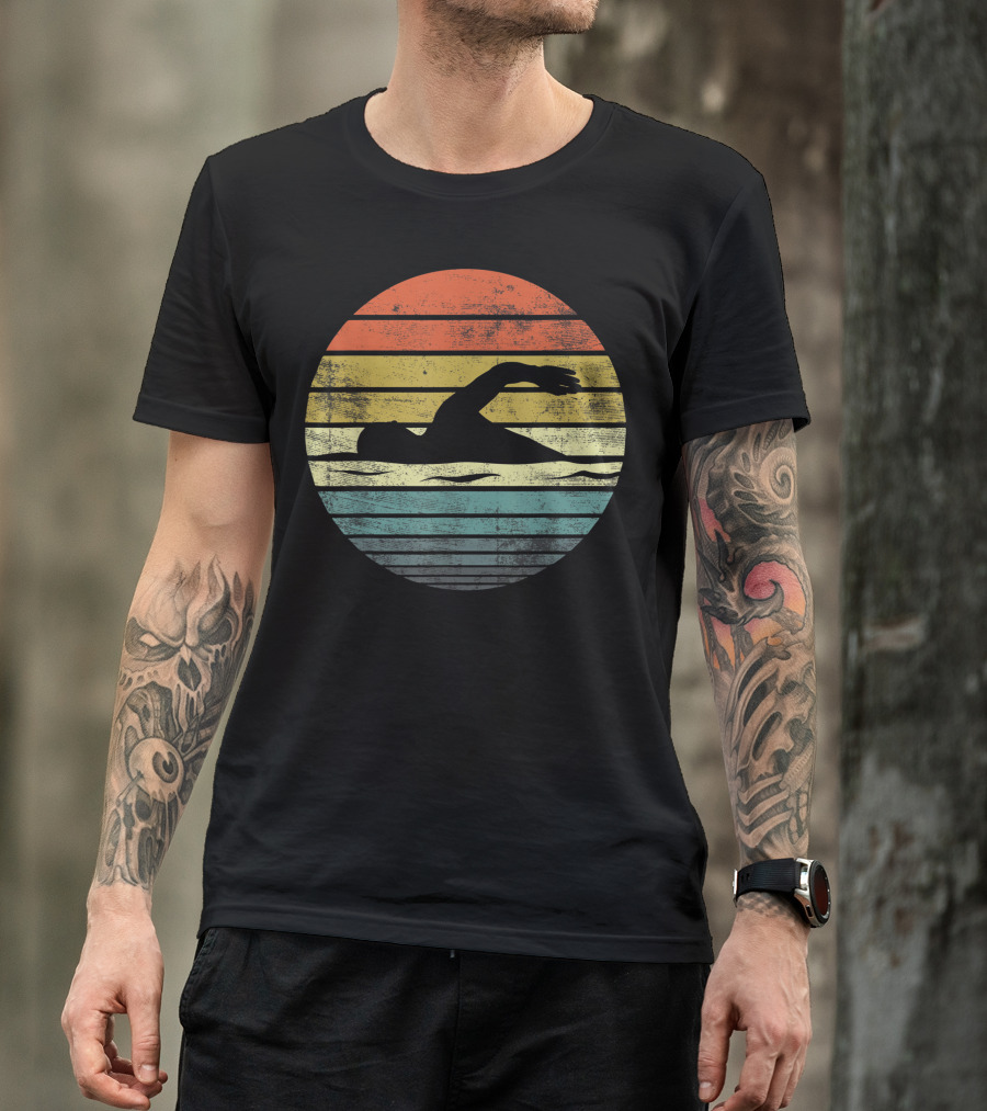 Swimmer Vintage Sunset Swim Coach Swimming Retro Stripes T-Shirt