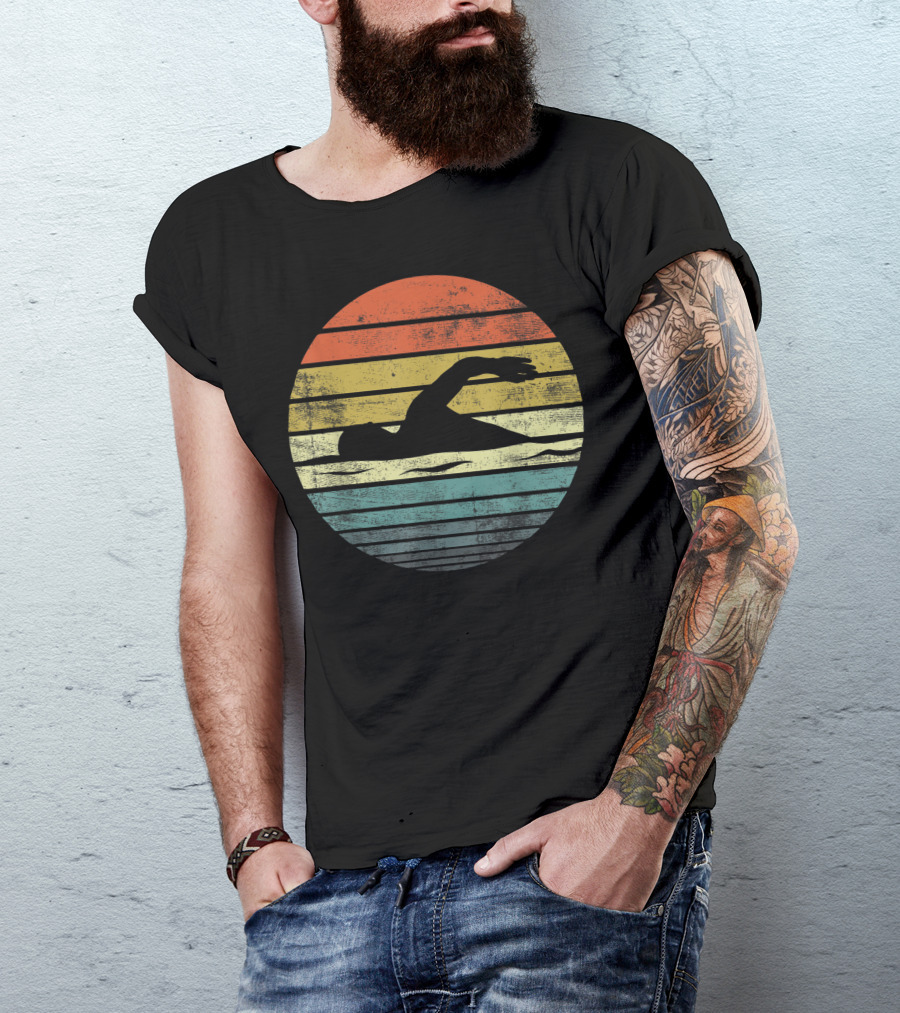 Swimmer Vintage Sunset Swim Coach Swimming Retro Stripes T-Shirt