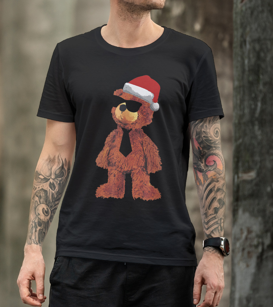 Teddy Bear Cute W Santa Hat Sunglasses Tie T-Shirt
