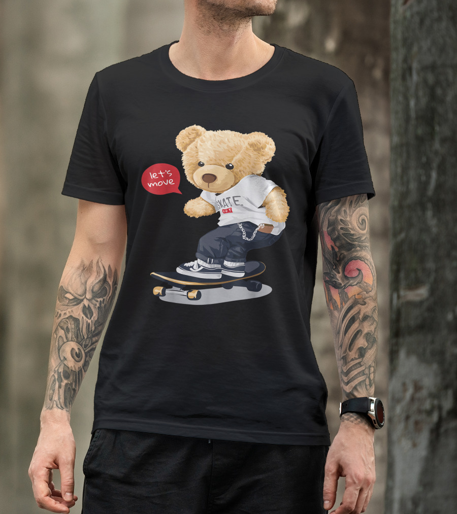 Teddy Bear Skateboarding Let's Move Cute Cartoon Skater T-Shirt