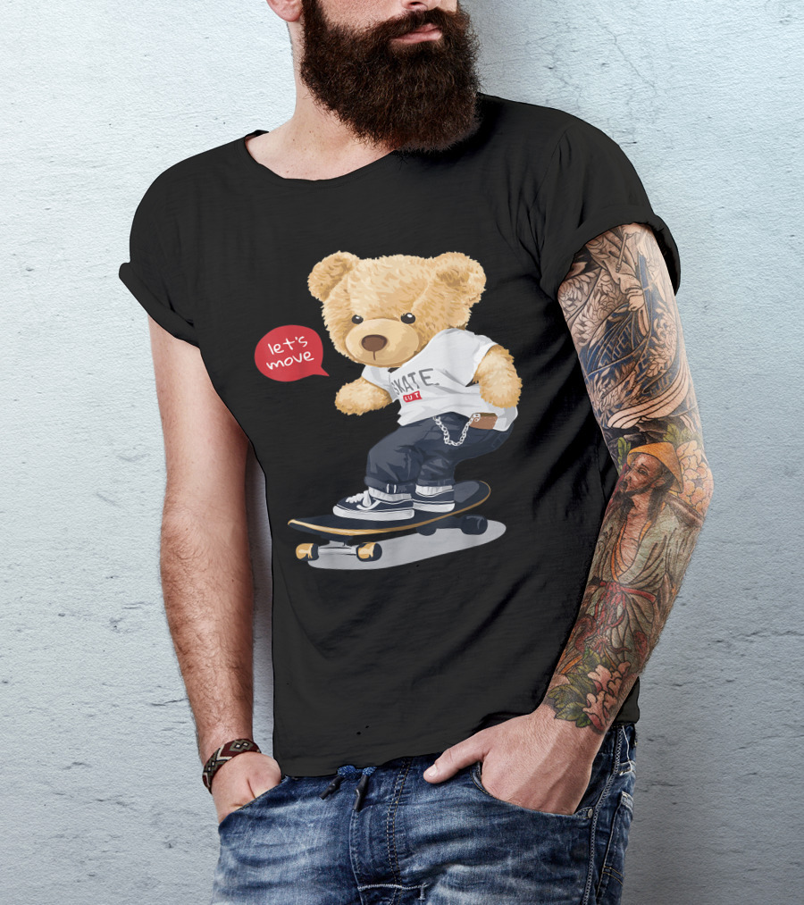 Teddy Bear Skateboarding Let's Move Cute Cartoon Skater T-Shirt