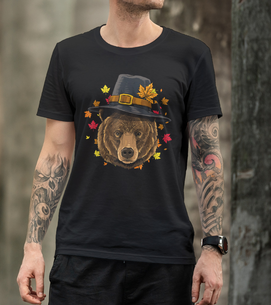 Thanksgiving Bear Pilgrim Autumn Leaves T-Shirt