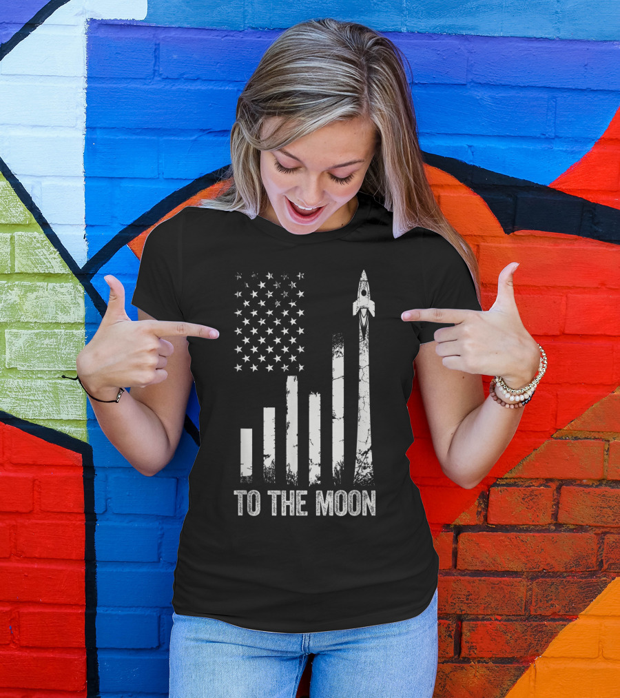 To The Moon Bitcoin Crypto US Flag Rocket WSB Trading T-Shirt