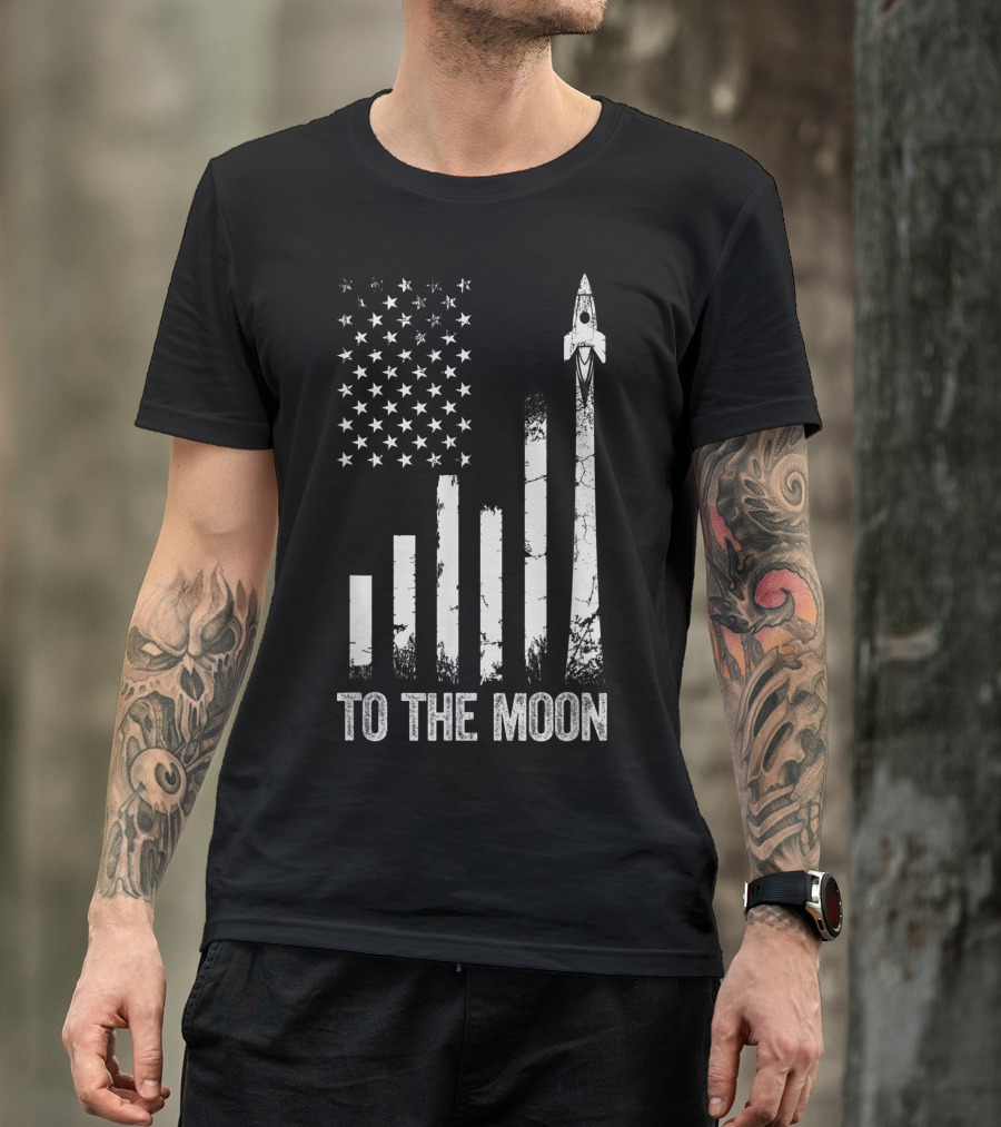 To The Moon Bitcoin Crypto US Flag Rocket WSB Trading T-Shirt