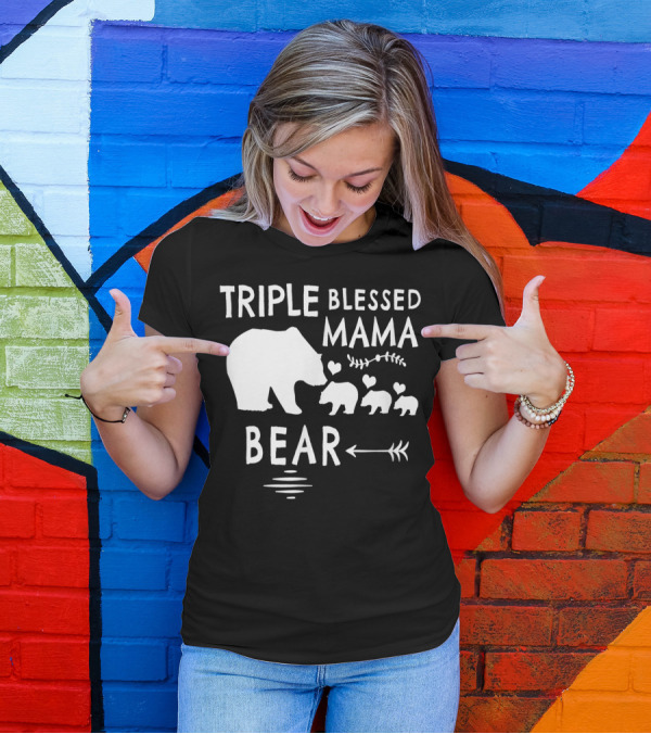 Triple Blessed Mama Bear With Three Hearts And Arrows T-Shirt