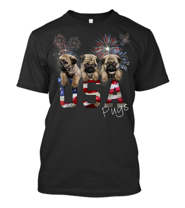 USA Pugs Patriotic America Puppy Fireworks T-Shirt