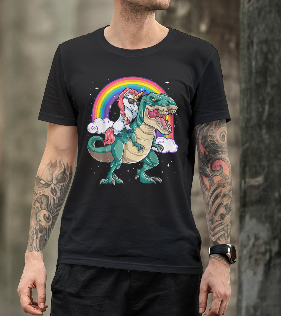 Unicorn Riding Dinosaur Rex With Rainbow And Clouds T-Shirt
