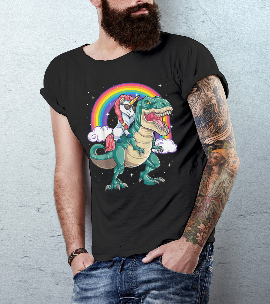 Unicorn Riding Dinosaur Rex With Rainbow And Clouds T-Shirt